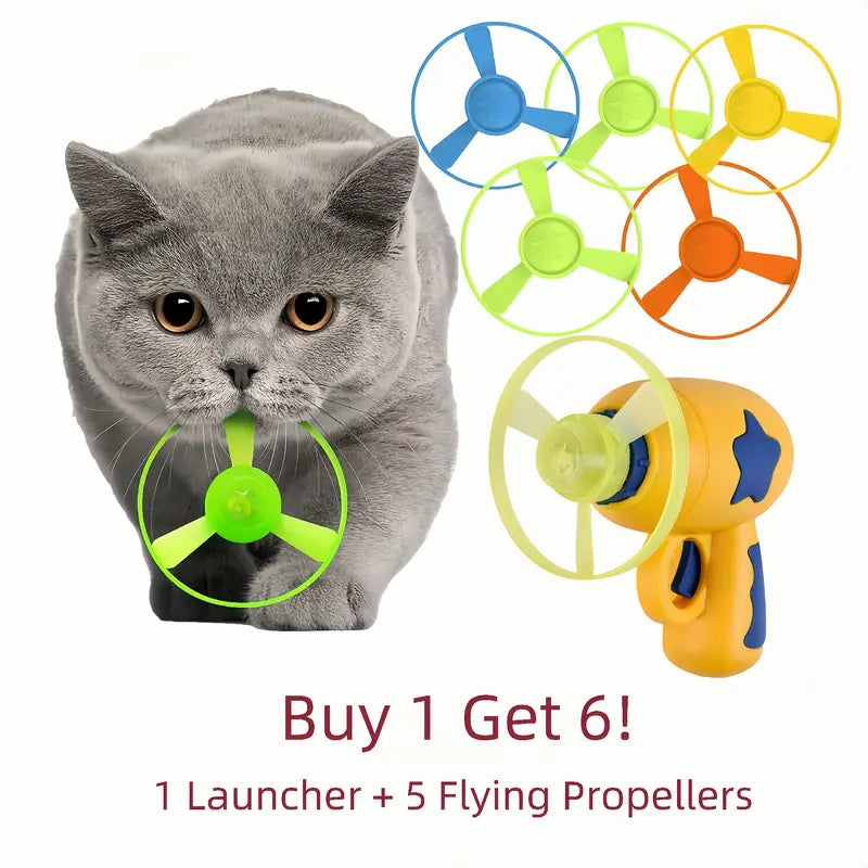 6 Pcs Cat Fetch Toy Set, Interactive Flying Disc Launcher, Track & Propeller Toys for Indoor Cats & Dogs, Pet Training & Chasing Fun